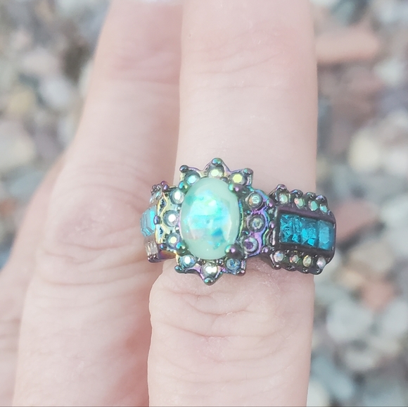 New Blue Fire Opal Rainbow Hematite Ring. - Picture 11 of 16